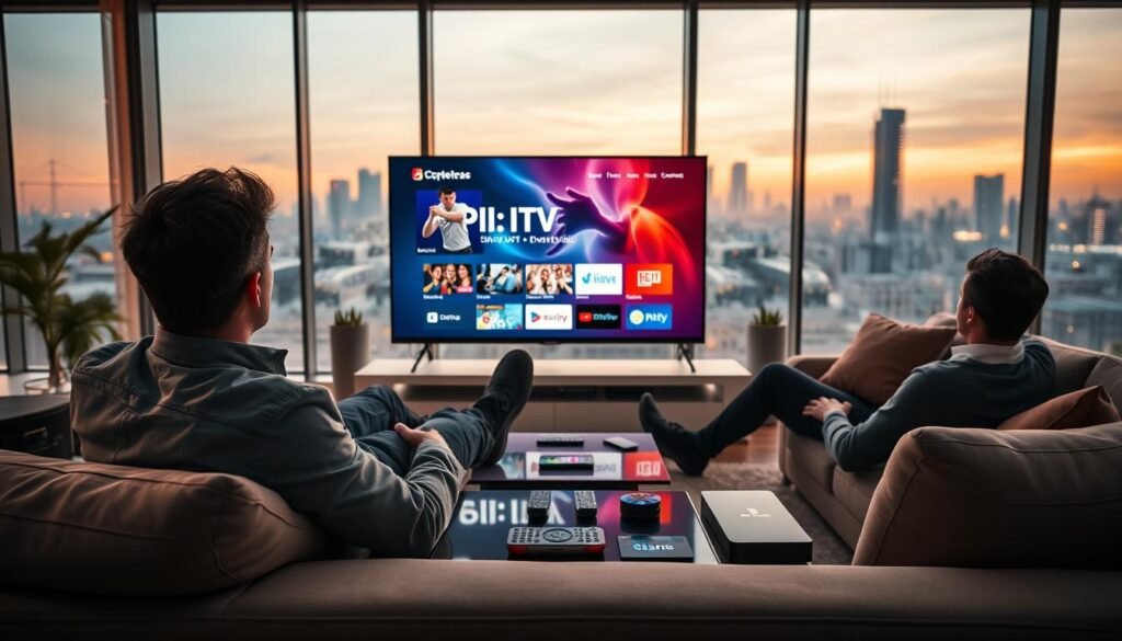 A futuristic living room setting showcasing a sleek smart TV displaying a vibrant interface of French IPTV channels in 2026. In the foreground, a person in business casual attire is relaxed on a modern sofa, intently watching the screen with various multicast channels visible like news, sports, and entertainment. The middle ground features a stylish coffee table with remotes and digital gadgets, illuminated by soft, ambient lighting creating a cozy atmosphere. The background reveals a futuristic urban cityscape through large windows, hinting at advanced technology and connectivity. The scene conveys a sense of innovation, comfort, and reliability, with a warm color palette enhancing the inviting mood. Focus on clarity and vivid detail, ensuring a high-quality, professional composition. A futuristic living room setting showcasing a sleek smart TV displaying a vibrant interface of French IPTV channels in 2026. In the foreground, a person in business casual attire is relaxed on a modern sofa, intently watching the screen with various multicast channels visible like news, sports, and entertainment. The middle ground features a stylish coffee table with remotes and digital gadgets, illuminated by soft, ambient lighting creating a cozy atmosphere. The background reveals a futuristic urban cityscape through large windows, hinting at advanced technology and connectivity. The scene conveys a sense of innovation, comfort, and reliability, with a warm color palette enhancing the inviting mood. Focus on clarity and vivid detail, ensuring a high-quality, professional composition.