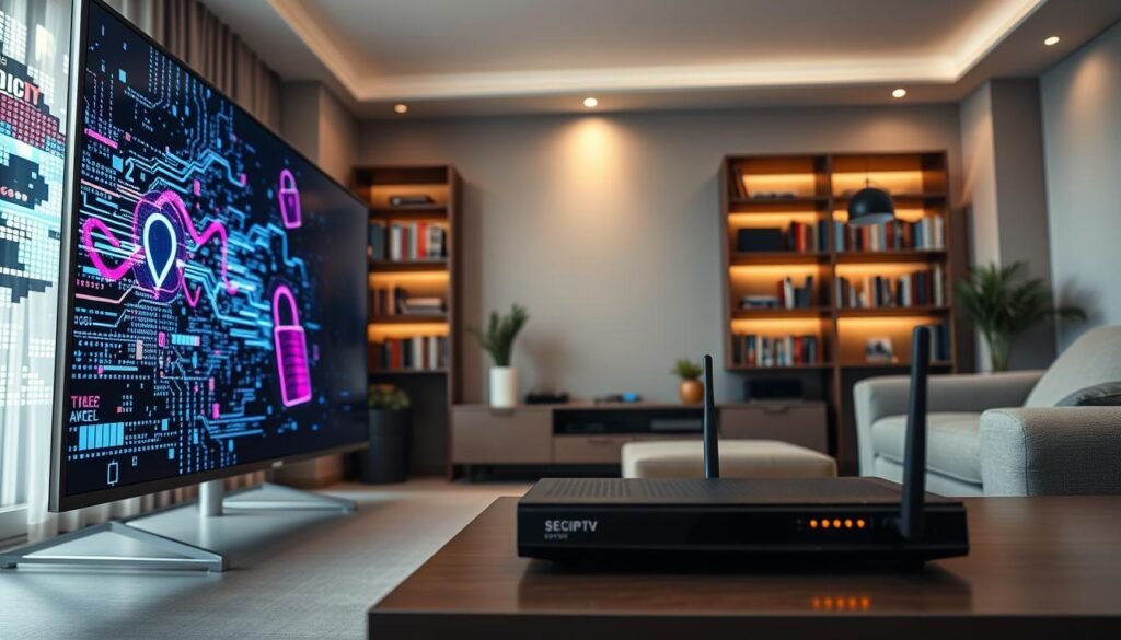 A professional, secure IPTV setup in a sleek, modern living room. In the foreground, a stylish TV with a vibrant display showing abstract digital data, symbolizing connectivity and security. In the middle ground, a sophisticated media console with high-tech devices like a streaming box and a router with glowing indicators. The background features a cozy atmosphere with soft ambient lighting, complemented by a bookshelf filled with technology and media-related books. The room is painted in soft gray tones, enhancing a calming aura. Capture this scene using a warm, slightly diffused light to evoke a sense of trust and reliability surrounding the IPTV service. The angle should be a slightly tilted view, creating depth and focus on the equipment. A professional, secure IPTV setup in a sleek, modern living room. In the foreground, a stylish TV with a vibrant display showing abstract digital data, symbolizing connectivity and security. In the middle ground, a sophisticated media console with high-tech devices like a streaming box and a router with glowing indicators. The background features a cozy atmosphere with soft ambient lighting, complemented by a bookshelf filled with technology and media-related books. The room is painted in soft gray tones, enhancing a calming aura. Capture this scene using a warm, slightly diffused light to evoke a sense of trust and reliability surrounding the IPTV service. The angle should be a slightly tilted view, creating depth and focus on the equipment.