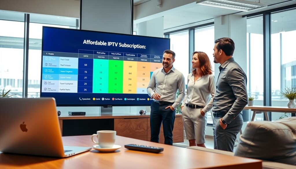 A sleek, modern workspace featuring a large digital screen displaying a vibrant comparison chart of affordable IPTV subscription options. The foreground includes a stylish desk with a laptop, remote control, and a cup of coffee, indicating a focus on technology and comfort. The middle ground shows a diverse group of three professionals—two men and one woman—dressed in smart casual attire, deeply engaged in discussion about the chart. The background features a bright office environment with large windows, letting in natural light that creates a warm and inviting atmosphere. Use soft lighting to enhance clarity and details in the chart while maintaining an engaging, professional mood. Focus on a clear angle that showcases the interaction among the professionals and the vibrant screen simultaneously.