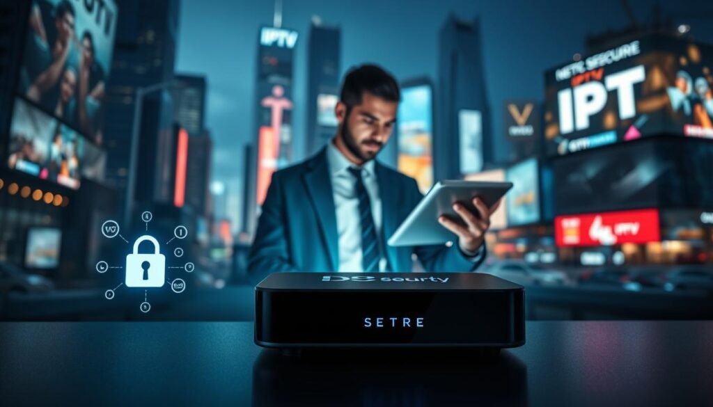 A visually striking composition illustrating a secure IPTV subscription service. In the foreground, a sleek and modern digital device, like a streaming box, is glowing subtly, its screen displaying abstract symbols of security and legality. In the middle ground, a professional-looking individual, dressed in business attire, interacts with a tablet that showcases a user-friendly IPTV interface. The background features a futuristic cityscape with vibrant digital billboards symbolizing connectivity and technology. Soft, ambient lighting creates a sense of security and trust, while a cool color palette evokes professionalism. The atmosphere is calm and reassuring, emphasizing stability and reliability in IPTV services. The angle is slightly elevated, providing a comprehensive view of the scene, reinforcing the theme of innovation in secure streaming.