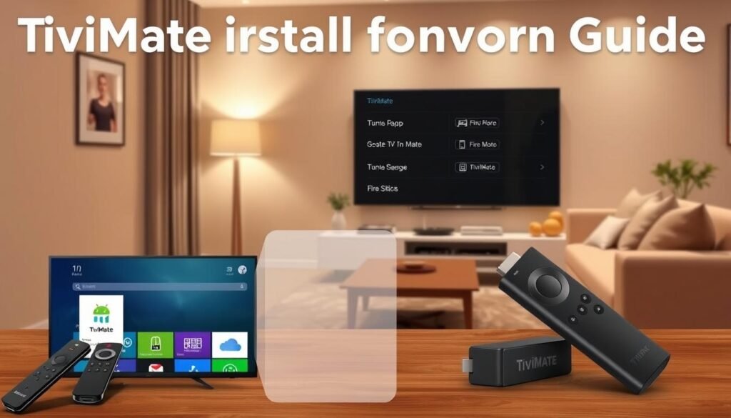 A detailed and visually engaging illustration of the TiviMate installation guide for Android TV and Fire Stick. In the foreground, show a stylish Android TV interface displaying the TiviMate app, with an elegant remote control next to it. In the middle, depict a sleek Fire Stick plugged into a modern television, showcasing the various installation options. The background should feature a cozy living room with soft lighting, a contemporary sofa, and decorative elements that evoke a welcoming atmosphere. Use warm tones to create a friendly mood, while ensuring the lighting highlights the smart devices clearly. The angle should be slightly above eye level to provide a comprehensive view of the setup, conveying a sense of user-friendly technology. A detailed and visually engaging illustration of the TiviMate installation guide for Android TV and Fire Stick. In the foreground, show a stylish Android TV interface displaying the TiviMate app, with an elegant remote control next to it. In the middle, depict a sleek Fire Stick plugged into a modern television, showcasing the various installation options. The background should feature a cozy living room with soft lighting, a contemporary sofa, and decorative elements that evoke a welcoming atmosphere. Use warm tones to create a friendly mood, while ensuring the lighting highlights the smart devices clearly. The angle should be slightly above eye level to provide a comprehensive view of the setup, conveying a sense of user-friendly technology.