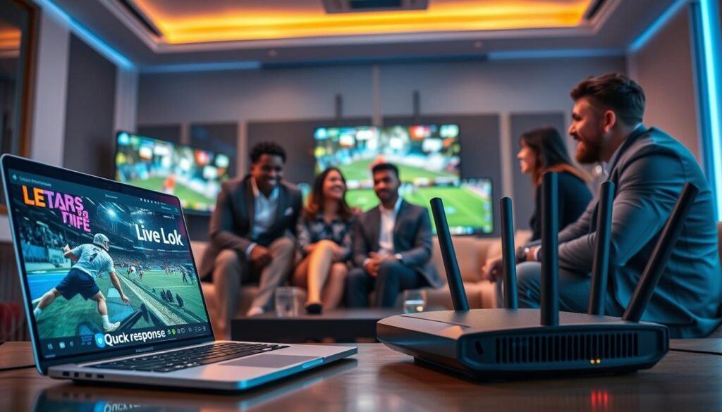 A dynamic sports streaming scene showcasing cutting-edge low-latency technology. In the foreground, a sleek laptop displaying a live streaming interface with vibrant colors and quick response visuals. A modern, high-tech router with glowing indicators sits nearby, symbolizing strong connectivity. In the middle ground, a group of diverse, professionally dressed individuals attentively watching a significant sporting event on multiple screens, their expressions filled with excitement. The background features a futuristic living room setup, complete with ambient lighting that creates an engaging atmosphere. Soft, focused lighting highlights the devices and faces, enhancing the mood of innovation and anticipation. The scene captures the essence of real-time sports engagement, emphasizing the importance of technology in delivering a seamless viewing experience. A dynamic sports streaming scene showcasing cutting-edge low-latency technology. In the foreground, a sleek laptop displaying a live streaming interface with vibrant colors and quick response visuals. A modern, high-tech router with glowing indicators sits nearby, symbolizing strong connectivity. In the middle ground, a group of diverse, professionally dressed individuals attentively watching a significant sporting event on multiple screens, their expressions filled with excitement. The background features a futuristic living room setup, complete with ambient lighting that creates an engaging atmosphere. Soft, focused lighting highlights the devices and faces, enhancing the mood of innovation and anticipation. The scene captures the essence of real-time sports engagement, emphasizing the importance of technology in delivering a seamless viewing experience.