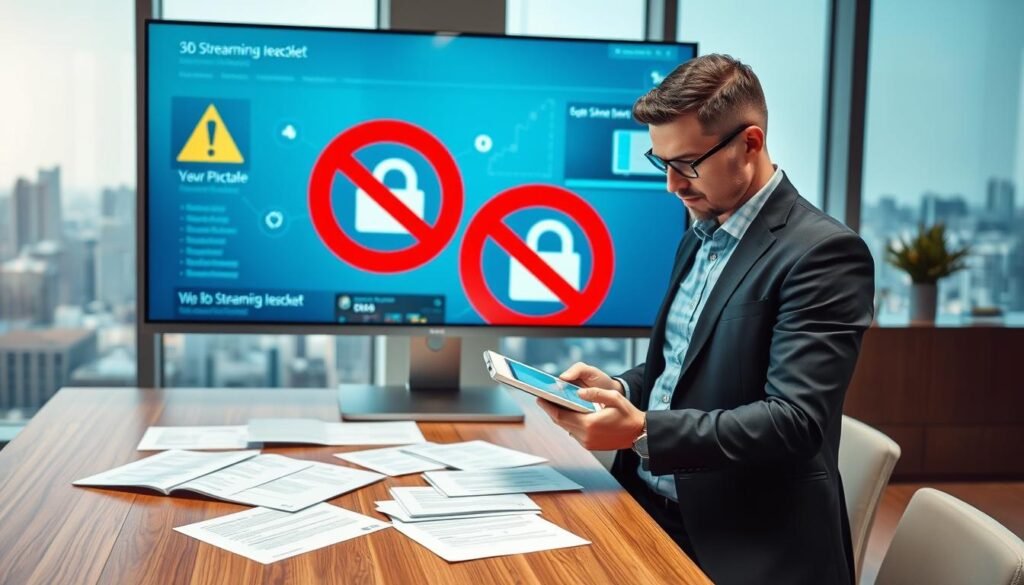 A modern office workspace featuring a large computer screen displaying a digital interface marked with prominent symbols of streaming websites being blocked, such as caution signs and padlocks. In the foreground, a focused digital security professional in smart casual attire is analyzing data on a tablet, representing efforts to combat piracy. The middle ground contains various legal documents spread across a sleek wooden desk, symbolizing ongoing legal actions against illicit streaming. The background features a city skyline visible through a window, suggesting a high-tech urban environment. The lighting is bright and professional, with a focus on the screen, creating a serious and determined atmosphere that reflects the battle against online piracy.