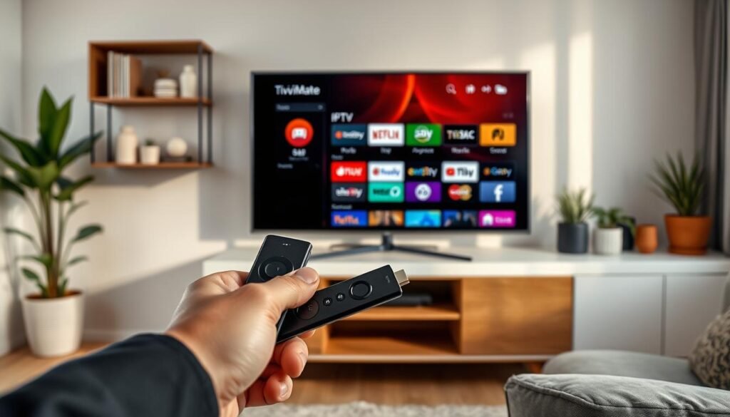 A sleek and modern living room setting featuring a close-up of an Amazon Fire Stick plugged into a TV's HDMI port. In the foreground, a hand, dressed in professional attire, is holding the remote control, poised to access the TiviMate app on the TV screen. The middle ground includes a clear view of the TV displaying the TiviMate interface in vibrant colors, demonstrating various IPTV options. The background consists of a stylish, minimalistic shelf with decorative items and potted plants, enhancing the contemporary feel of the room. Soft, natural lighting from a nearby window creates a warm, inviting atmosphere, while the angle captures all elements in a balanced composition, emphasizing the installation process. No text or branding elements are present, ensuring a clean visual focus. A sleek and modern living room setting featuring a close-up of an Amazon Fire Stick plugged into a TV's HDMI port. In the foreground, a hand, dressed in professional attire, is holding the remote control, poised to access the TiviMate app on the TV screen. The middle ground includes a clear view of the TV displaying the TiviMate interface in vibrant colors, demonstrating various IPTV options. The background consists of a stylish, minimalistic shelf with decorative items and potted plants, enhancing the contemporary feel of the room. Soft, natural lighting from a nearby window creates a warm, inviting atmosphere, while the angle captures all elements in a balanced composition, emphasizing the installation process. No text or branding elements are present, ensuring a clean visual focus.