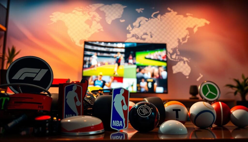 A vibrant and dynamic composition showcasing a collage of premium international sports channels icons and logos, prominently featuring symbols of F1, NBA, and Tennis. In the foreground, stylized logos of each sport are artistically arranged, creating a sense of depth and movement. The middle ground illustrates a sleek modern TV screen displaying a split view of live sports events, with vibrant colors highlighting the excitement of each game. In the background, a global map is faintly visible, symbolizing the worldwide accessibility of these channels, bathed in warm ambient lighting that conveys an inviting atmosphere. The scene is shot from a slightly elevated angle to enhance perspective, creating a professional and polished look that draws viewers into the world of premium sports broadcasting. A vibrant and dynamic composition showcasing a collage of premium international sports channels icons and logos, prominently featuring symbols of F1, NBA, and Tennis. In the foreground, stylized logos of each sport are artistically arranged, creating a sense of depth and movement. The middle ground illustrates a sleek modern TV screen displaying a split view of live sports events, with vibrant colors highlighting the excitement of each game. In the background, a global map is faintly visible, symbolizing the worldwide accessibility of these channels, bathed in warm ambient lighting that conveys an inviting atmosphere. The scene is shot from a slightly elevated angle to enhance perspective, creating a professional and polished look that draws viewers into the world of premium sports broadcasting.