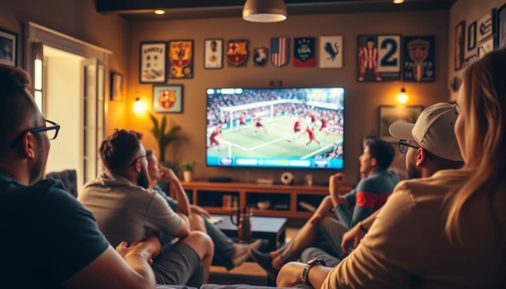 A vibrant scene capturing the essence of immersive streaming football. In the foreground, a diverse group of enthusiastic fans, dressed in casual sports attire, are seated on a comfy sofa, eyes glued to a large flat-screen TV showcasing an intense Liga 1 match. The middle layer features the flickering light of the TV screen casting a warm glow, illuminating the faces of the fans, showcasing joy and excitement. In the background, a cozy living room with football memorabilia, soft ambient lighting, and subtle decor that reflects a sports-loving vibe. The atmosphere is electric with enthusiasm, emphasizing the joy of experiencing football from home. The image is framed as if seen through a wide-angle lens, creating an engaging and inviting mood.