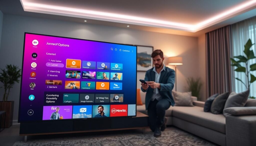 A visually engaging digital workspace showcasing "EPG (Electronic Program Guide) configuration and personalization options" for an IPTV setup. In the foreground, a sleek Android TV interface is displayed on a flat-screen with vibrant colors highlighting various EPG options like channel selection and viewing preferences. In the middle, a user, dressed in smart casual attire, interacts with a remote control, looking intrigued. The background features a modern living room setting with soft ambient lighting, a cozy couch, and decorative elements subtly hinting at a tech-savvy environment. The overall mood is focused and innovative, enhancing the theme of personalization in digital viewing experiences. Use a wide-angle lens effect to capture the entire scene. A visually engaging digital workspace showcasing "EPG (Electronic Program Guide) configuration and personalization options" for an IPTV setup. In the foreground, a sleek Android TV interface is displayed on a flat-screen with vibrant colors highlighting various EPG options like channel selection and viewing preferences. In the middle, a user, dressed in smart casual attire, interacts with a remote control, looking intrigued. The background features a modern living room setting with soft ambient lighting, a cozy couch, and decorative elements subtly hinting at a tech-savvy environment. The overall mood is focused and innovative, enhancing the theme of personalization in digital viewing experiences. Use a wide-angle lens effect to capture the entire scene.