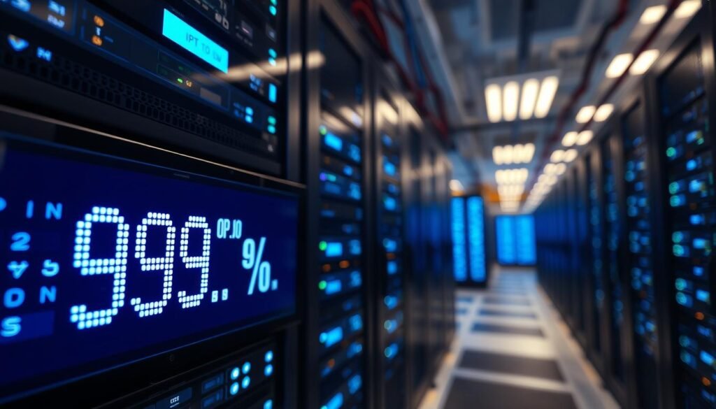 A visually striking representation of IPTV server stability, showcasing a high-tech server room filled with sleek, modern equipment. In the foreground, a close-up of a digital display screen showing uptime statistics at 99.9%, illuminated by a calming blue light. The middle ground features rows of LED-lit servers, indicating robust performance and reliability. The background displays a soft-focus view of server racks lined with cables, creating depth. The lighting is bright but soft, enhancing the high-tech atmosphere, while a wide-angle perspective captures the expansive nature of the facility. The overall mood should convey professionalism and confidence, reflecting quality and cutting-edge technology in the IPTV domain. A visually striking representation of IPTV server stability, showcasing a high-tech server room filled with sleek, modern equipment. In the foreground, a close-up of a digital display screen showing uptime statistics at 99.9%, illuminated by a calming blue light. The middle ground features rows of LED-lit servers, indicating robust performance and reliability. The background displays a soft-focus view of server racks lined with cables, creating depth. The lighting is bright but soft, enhancing the high-tech atmosphere, while a wide-angle perspective captures the expansive nature of the facility. The overall mood should convey professionalism and confidence, reflecting quality and cutting-edge technology in the IPTV domain.