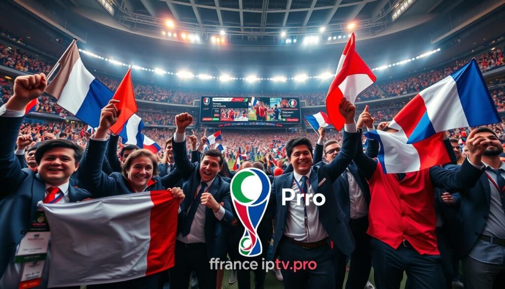 A dynamic scene featuring fans of the French national football team in a jubilant celebration, prominently displaying the team's colors of blue, white, and red. In the foreground, a diverse group of fans in professional business attire holds flags and memorabilia, showcasing excitement for the 2026 World Cup. The middle ground includes a stylized streaming interface depicting multilingual statistics and comments, with vibrant visuals of game highlights emerging on screens. The background features an atmospheric stadium filled with cheering fans under bright stadium lights, enhancing the mood of anticipation and enthusiasm. The "france iptv pro" brand logo is subtly integrated into the streaming interface design. Capture this moment with a wide-angle lens, emphasizing depth and movement, to evoke a sense of connectivity and global engagement in sports streaming.