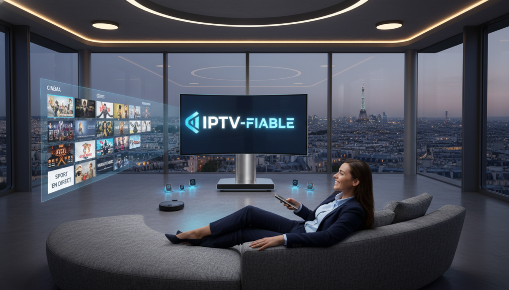 A futuristic living room showcasing a sleek, modern television displaying the logo "IPTV-FIABLE" prominently, surrounded by smart devices. In the foreground, a professional-looking person, dressed in smart business attire, is seated comfortably on a stylish sofa, holding a remote control while joyfully interacting with the screen. The middle ground features vibrant streaming content showcasing various genres, conveying the versatility of IPTV services. The background includes a well-lit room with large windows revealing a city skyline, creating a lively atmosphere. The lighting is soft and inviting, enhancing the mood of comfort and entertainment. Use a wide lens angle for a spacious feeling, capturing the essence of IPTV's growing popularity in France as a reliable choice for viewers. A futuristic living room showcasing a sleek, modern television displaying the logo "IPTV-FIABLE" prominently, surrounded by smart devices. In the foreground, a professional-looking person, dressed in smart business attire, is seated comfortably on a stylish sofa, holding a remote control while joyfully interacting with the screen. The middle ground features vibrant streaming content showcasing various genres, conveying the versatility of IPTV services. The background includes a well-lit room with large windows revealing a city skyline, creating a lively atmosphere. The lighting is soft and inviting, enhancing the mood of comfort and entertainment. Use a wide lens angle for a spacious feeling, capturing the essence of IPTV's growing popularity in France as a reliable choice for viewers.