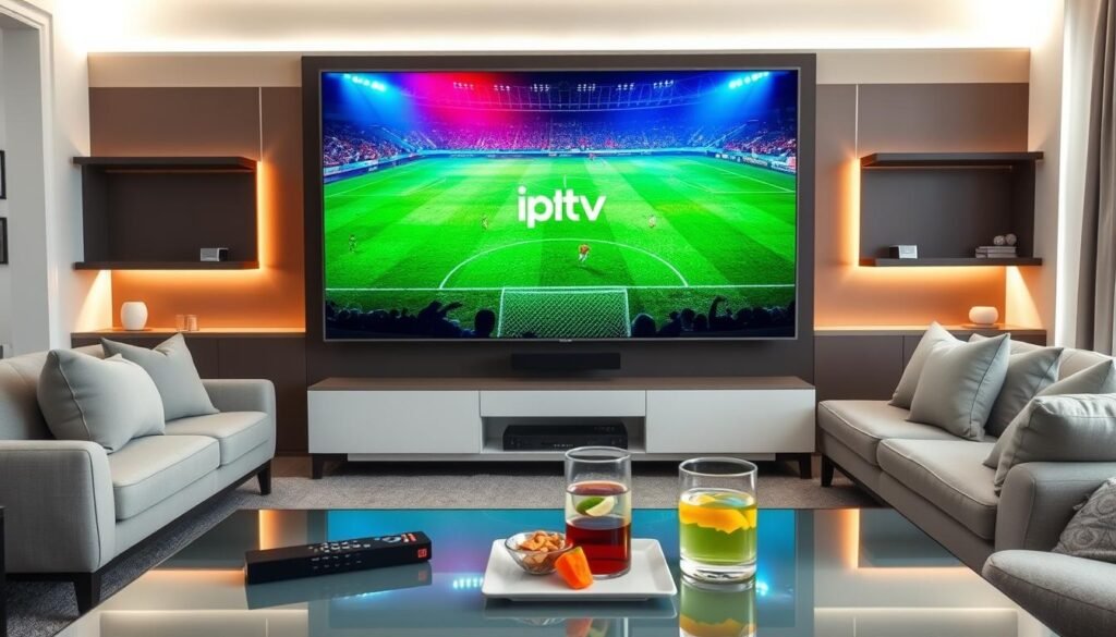 A modern living room setup featuring a large 4K Ultra HD TV prominently displaying an intense soccer match with vibrant colors and sharp details. In the foreground, a stylish coffee table holds a remote, snacks, and a chilled drink, while the TV is framed by elegant, minimalistic decor. The middle ground showcases a comfy sectional sofa adorned with plush cushions, creating a cozy atmosphere for viewing. The background includes subtle lighting, like dimmable LED strips, enhancing the ambiance for a premium home cinema experience. The vivid green pitch of the soccer field is alive with action, capturing the excitement of the game. A discreet logo of "iptv fiable" appears on the screen, emphasizing a reliable IPTV service. The overall mood is inviting and thrilling, perfect for an optimal viewing experience. A modern living room setup featuring a large 4K Ultra HD TV prominently displaying an intense soccer match with vibrant colors and sharp details. In the foreground, a stylish coffee table holds a remote, snacks, and a chilled drink, while the TV is framed by elegant, minimalistic decor. The middle ground showcases a comfy sectional sofa adorned with plush cushions, creating a cozy atmosphere for viewing. The background includes subtle lighting, like dimmable LED strips, enhancing the ambiance for a premium home cinema experience. The vivid green pitch of the soccer field is alive with action, capturing the excitement of the game. A discreet logo of "iptv fiable" appears on the screen, emphasizing a reliable IPTV service. The overall mood is inviting and thrilling, perfect for an optimal viewing experience.
