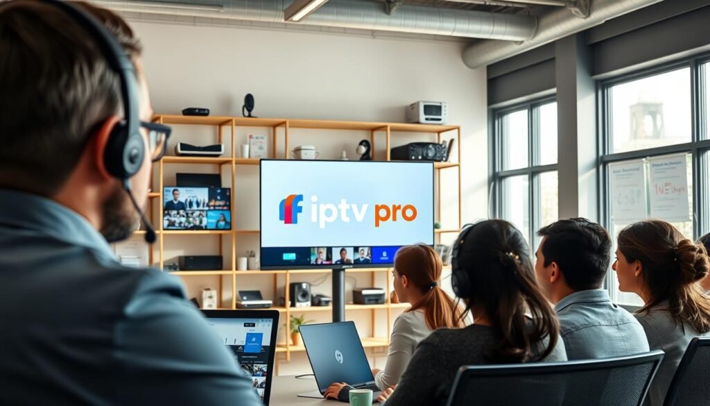 A modern, well-lit customer support environment showcasing a professional support technician assisting a diverse group of users over a video call. In the foreground, the technician, dressed in smart business attire, is focused on a computer screen displaying user interfaces for IPTV services. In the middle, a large monitor shows the "france iptv pro" logo prominently. The background includes shelves filled with tech gadgets and charts explaining user experience. Bright, natural lighting comes through large windows, creating a welcoming atmosphere. The scene conveys a sense of expertise, support, and user satisfaction, symbolizing a responsive technical support experience in 2026.
