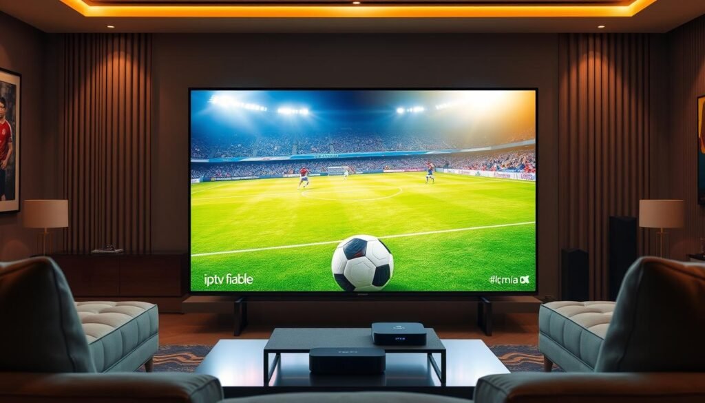 A premium home cinema setup showcasing a 4K Ultra HD TV displaying a vibrant soccer match on a vivid green pitch, emphasizing sharp details and clarity. In the foreground, the sleek TV is framed with modern, elegant furniture reflecting a cozy, high-tech atmosphere. The middle ground features a stylish, well-lit living room environment with soft, ambient lighting enhancing the high-definition visuals. In the background, a subtle display of technological elements like streaming devices and sound systems, symbolizing native streaming advantages and technical innovations. Emphasize a mood of excitement and immersion, capturing the essence of enjoying sports in ultimate clarity with "iptv fiable" visible on the TV's interface. A premium home cinema setup showcasing a 4K Ultra HD TV displaying a vibrant soccer match on a vivid green pitch, emphasizing sharp details and clarity. In the foreground, the sleek TV is framed with modern, elegant furniture reflecting a cozy, high-tech atmosphere. The middle ground features a stylish, well-lit living room environment with soft, ambient lighting enhancing the high-definition visuals. In the background, a subtle display of technological elements like streaming devices and sound systems, symbolizing native streaming advantages and technical innovations. Emphasize a mood of excitement and immersion, capturing the essence of enjoying sports in ultimate clarity with "iptv fiable" visible on the TV's interface.