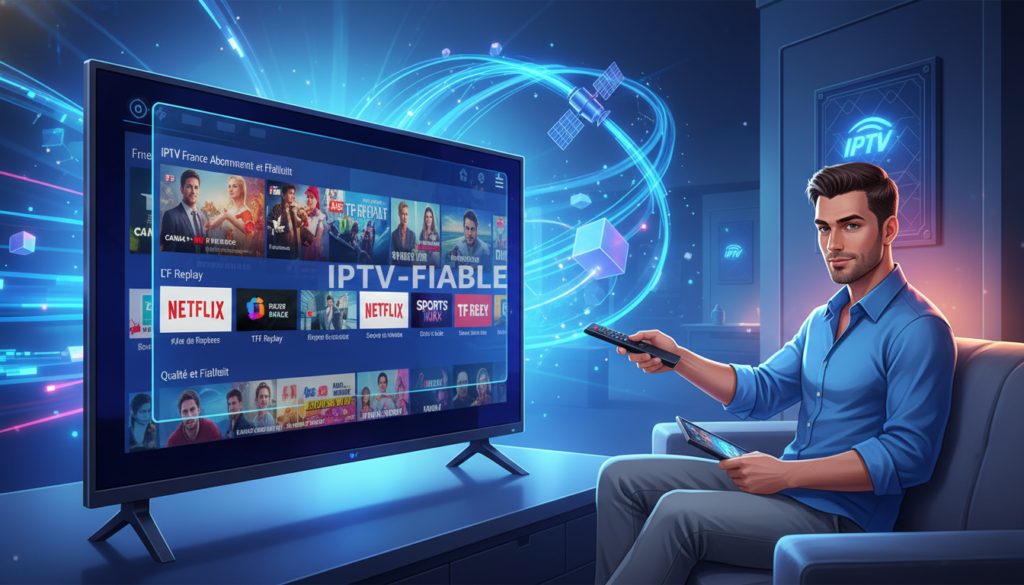 A vibrant and dynamic illustration depicting the concept of "IPTV France abonnement". In the foreground, prominently feature a sleek digital TV interface showcasing various channels and programs, symbolizing the fluidity and variety of IPTV services. In the middle ground, a confident professional wearing smart casual attire interacts with a modern remote control, embodying user engagement with technology. In the background, abstract representations of high-speed internet connections and streaming data flows create a sense of seamless connectivity, with soft, blue lighting to enhance the technological feel. Emphasize the brand name "IPTV-FIABLE" subtly integrated into the scene, ensuring the atmosphere conveys reliability and quality. Capture this in a high-resolution, wide-angle perspective, reflecting a clean, organized layout that draws viewers into the sophisticated world of IPTV. A vibrant and dynamic illustration depicting the concept of "IPTV France abonnement". In the foreground, prominently feature a sleek digital TV interface showcasing various channels and programs, symbolizing the fluidity and variety of IPTV services. In the middle ground, a confident professional wearing smart casual attire interacts with a modern remote control, embodying user engagement with technology. In the background, abstract representations of high-speed internet connections and streaming data flows create a sense of seamless connectivity, with soft, blue lighting to enhance the technological feel. Emphasize the brand name "IPTV-FIABLE" subtly integrated into the scene, ensuring the atmosphere conveys reliability and quality. Capture this in a high-resolution, wide-angle perspective, reflecting a clean, organized layout that draws viewers into the sophisticated world of IPTV.