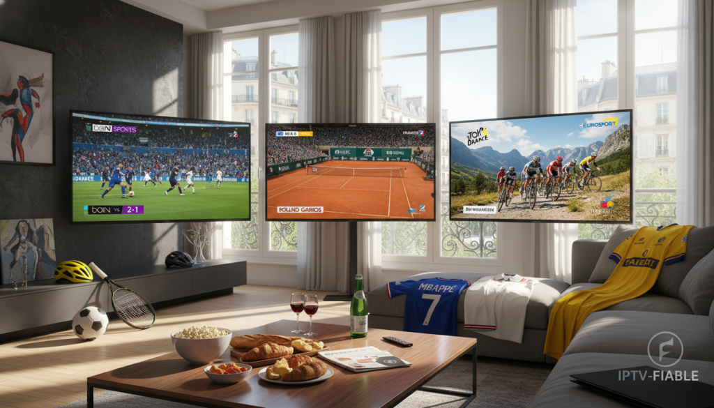 A vibrant scene depicting a variety of popular French sports channels, such as football, tennis, and cycling, displayed on multiple high-definition screens in a modern living space. In the foreground, a stylish coffee table features snacks and drinks, enhancing the viewing atmosphere. The middle area showcases an assortment of sports paraphernalia, like jerseys and balls, emphasizing a passionate fan environment. In the background, large windows reveal a sunny day outside, casting warm, natural light into the room, creating an inviting mood. The angle should capture the entire setting from a slightly elevated perspective. Incorporate the brand logo "IPTV-FIABLE" subtly on one of the screens, reinforcing the theme of quality IPTV services for French viewers. The overall atmosphere is lively and engaging, perfect for sports enthusiasts. A vibrant scene depicting a variety of popular French sports channels, such as football, tennis, and cycling, displayed on multiple high-definition screens in a modern living space. In the foreground, a stylish coffee table features snacks and drinks, enhancing the viewing atmosphere. The middle area showcases an assortment of sports paraphernalia, like jerseys and balls, emphasizing a passionate fan environment. In the background, large windows reveal a sunny day outside, casting warm, natural light into the room, creating an inviting mood. The angle should capture the entire setting from a slightly elevated perspective. Incorporate the brand logo "IPTV-FIABLE" subtly on one of the screens, reinforcing the theme of quality IPTV services for French viewers. The overall atmosphere is lively and engaging, perfect for sports enthusiasts.