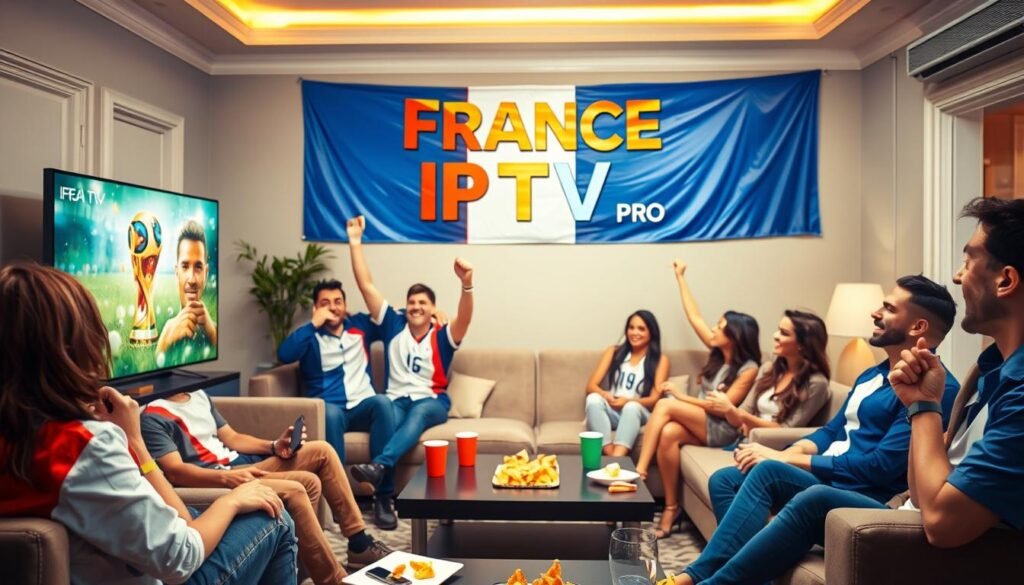 A vibrant scene depicting football fans celebrating, adorned in the blue, white, and red colors of the French national team, joyfully watching a match in a lively living room setting. The foreground features an elegantly designed living room with a large television screen displaying a World Cup trophy concept. In the middle, excited fans in professional casual attire are sitting on couches, with snacks and drinks scattered around, radiating a sense of camaraderie and enthusiasm. The background showcases a colorful banner saying "France IPTV Pro" hanging on the wall, enhancing the theme of live streaming. Warm, inviting lighting fills the room, capturing the joyous atmosphere of a match day, with a focus on the unity and excitement of fans engaging in streaming.