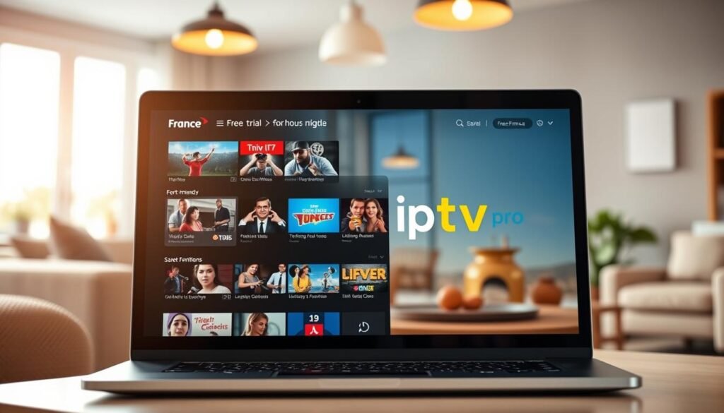 A vibrant scene representing a digital media experience, focused on the theme of "free trial for 24 hours." In the foreground, a sleek modern laptop displaying a user-friendly IPTV interface with the brand logo "france iptv pro" prominently featured. The screen shows diverse entertainment options like movies and sports. In the middle ground, a cozy living room with an inviting atmosphere, featuring a comfy sofa and a stylish coffee table, set softly illuminated by warm pendant lighting. In the background, a large window reveals a sunny day outside, contributing to a friendly and welcoming environment. The overall mood is relaxed and engaging, perfect for illustrating a free trial experience. Use a slightly blurred depth of field to keep focus on the laptop while still presenting the cozy ambiance.